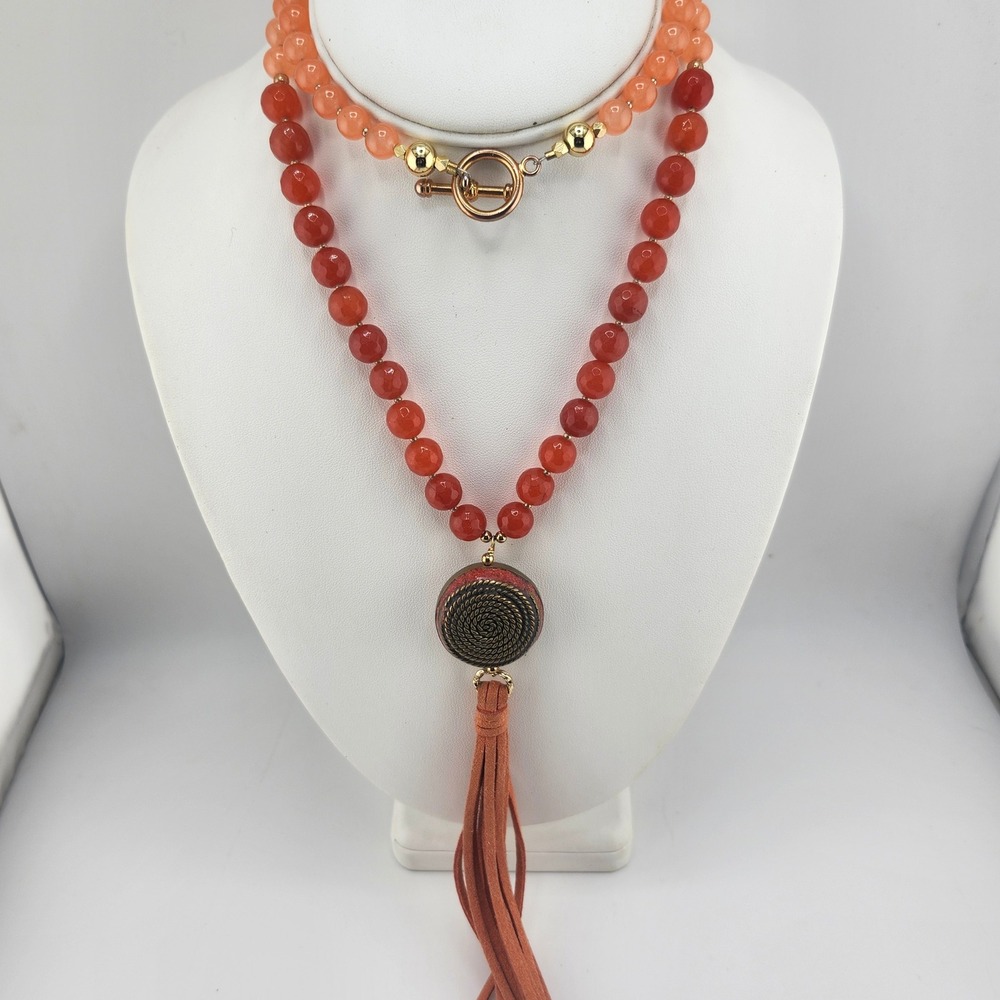 Orange Agate Beaded Necklace Statement Pendant Tassel Gold‎ Accent Jewelry